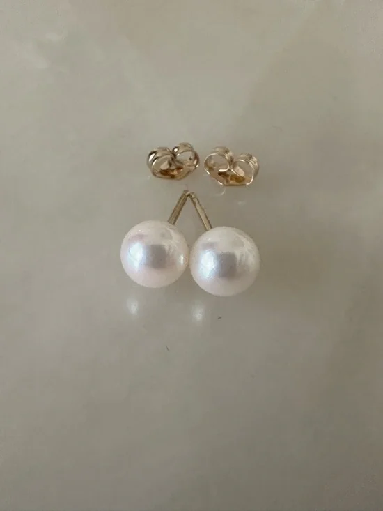 14k Solid Gold White Pearl Stud Earrings - Picture 9 of 14